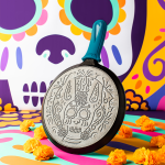 10.5 Inch Seasoned Cast Iron Xolo Sugar Skull Griddle with Deluxe Handle Holder